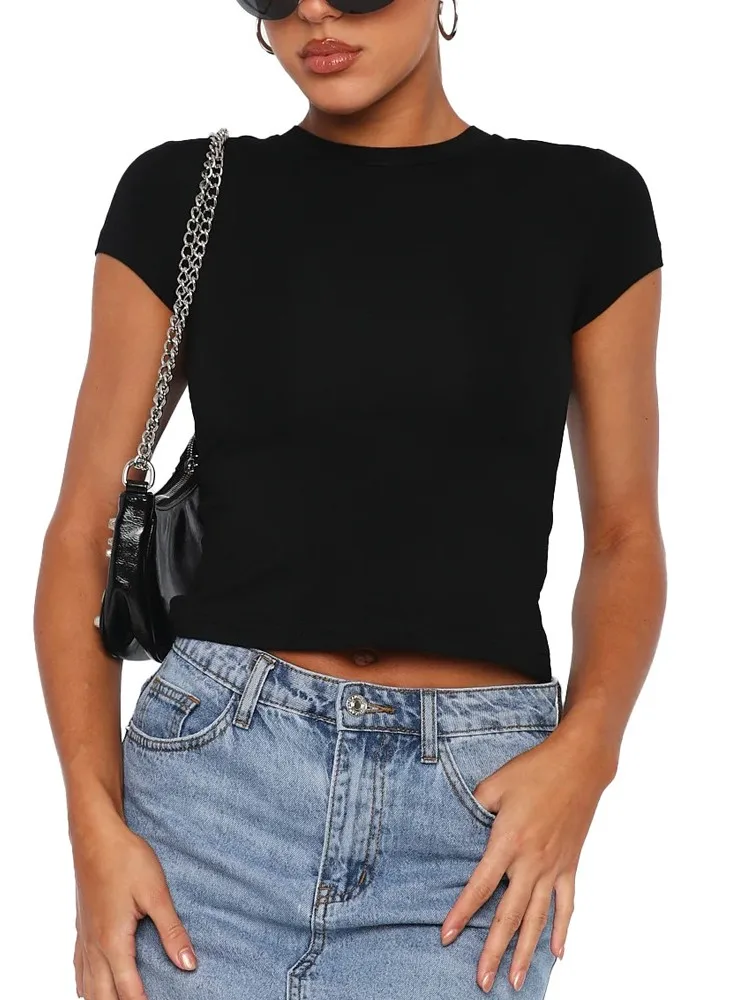 

Hotsweet Y2k Girls Solid Color Crewneck Short Sleeve Basic T-shirts Summer Adjustable Drawstring Backless Slim Fit Tops Tees