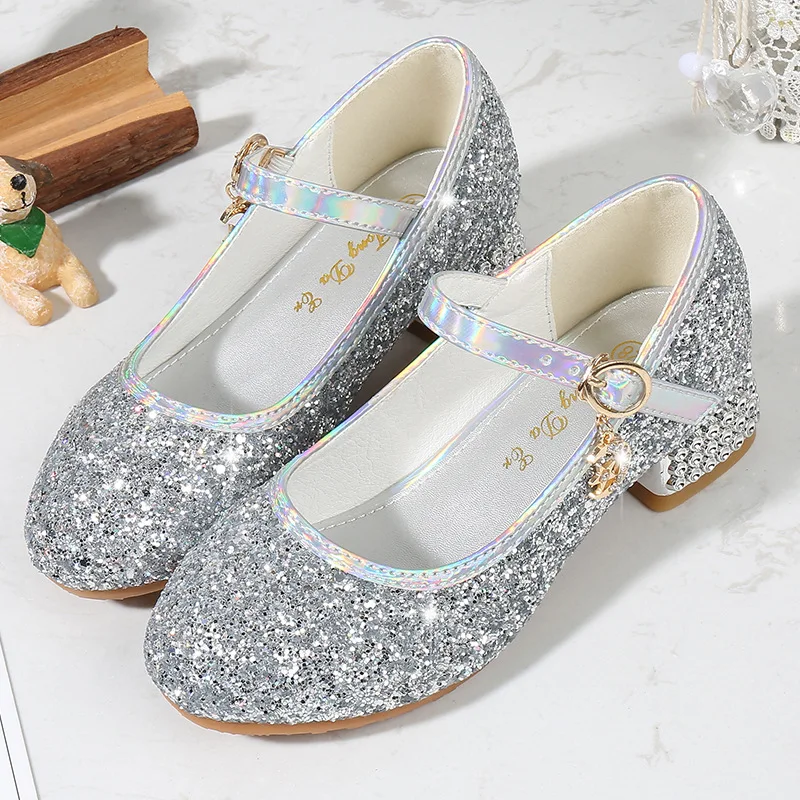 2023 Girls' high heels all-match new girls' shoes fashion runway show performance host shoes children's silver crystal princess