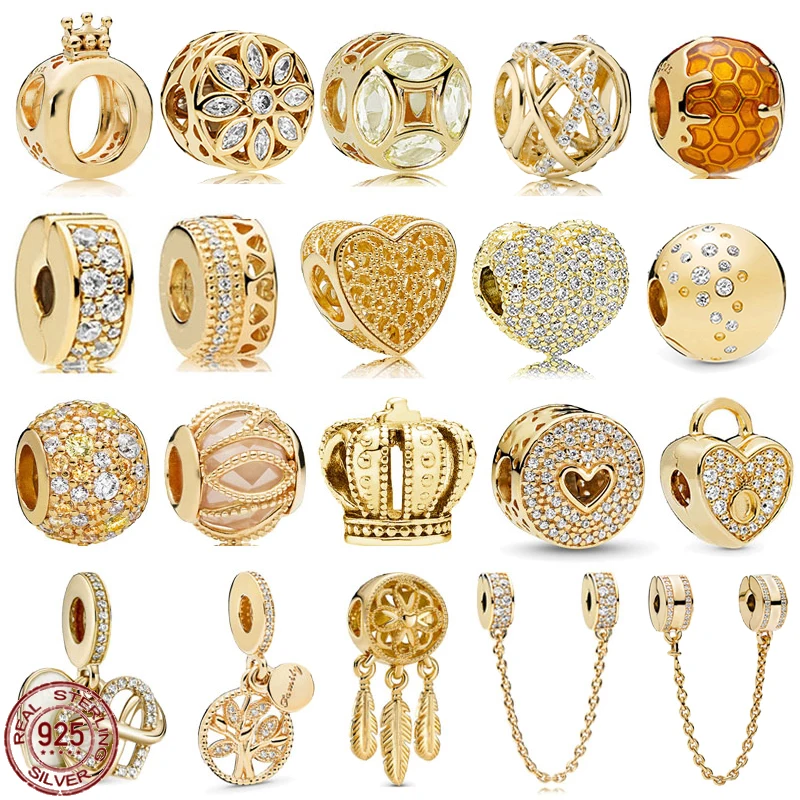 

Shiny gold color series beads 925 sterling silver delicate heart lock tree pendant fit original Pandora bracelet DIY jewelry