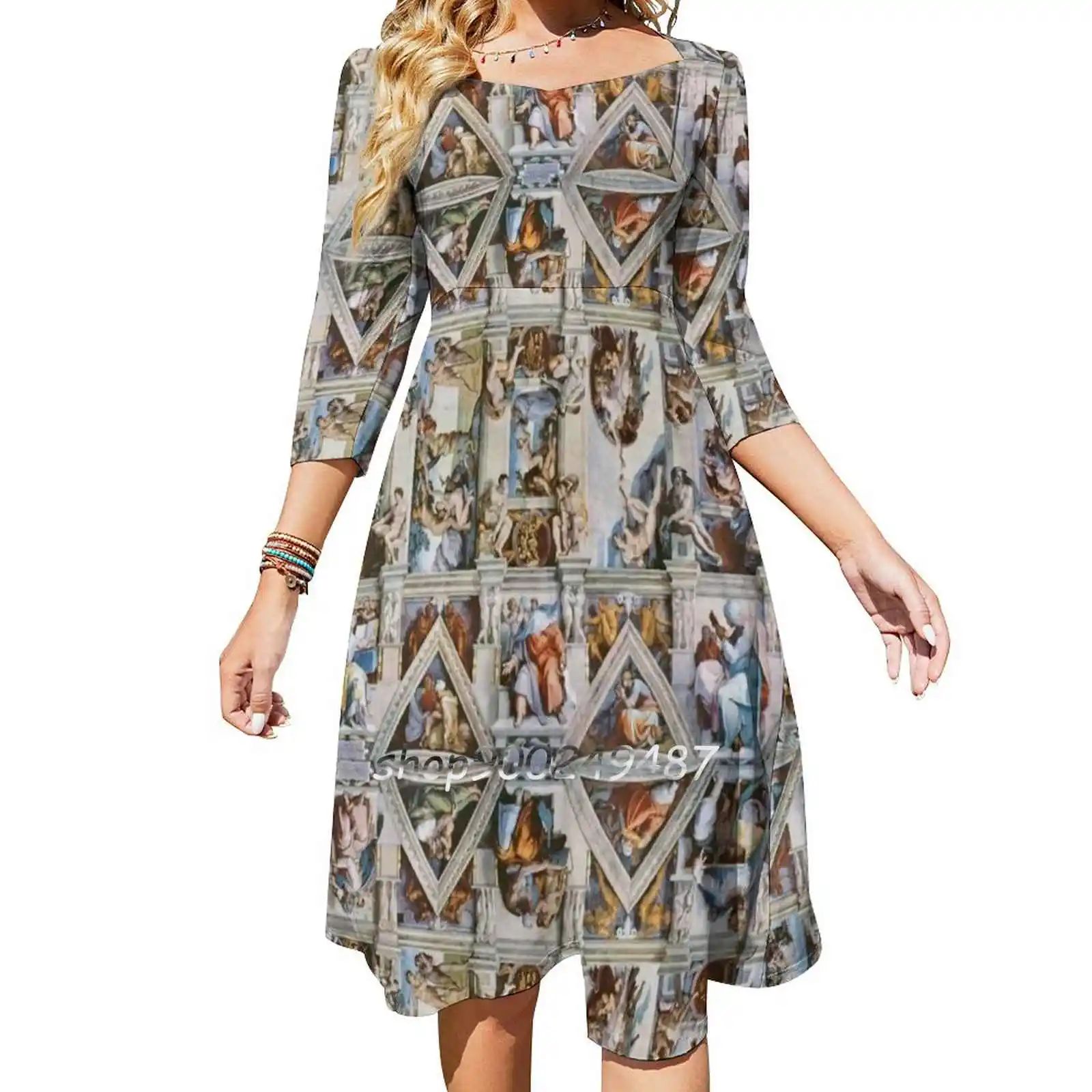 

Michaelangelo-Sistine Chapel Ceiling Sweet Elegant Dress Women Korean Kawaii Square Collar Dress Michaelangelo Sistine Chapel