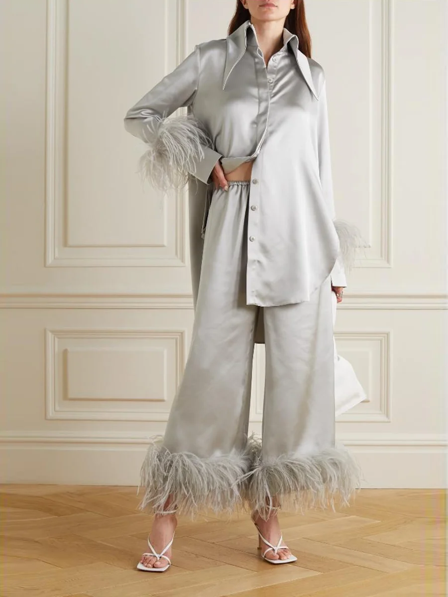 

2022 Autumn Women Feather Trimmed Satin Casual Solid Pants Ostrich Fur Spring