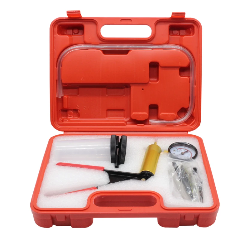 

Automotive Manual Vacuum Pump Brake Fluid Bleeder Tester Set Vacuum Gauge Tool Kit with Adapters Case Metal Handle