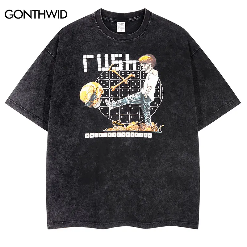 Hip Hop Punk T Shirt Men Streetwear Vintage Skull Letter Print Gothic Rock T-Shirt Summer Retro Short Sleeve Cotton Tshirt Black |