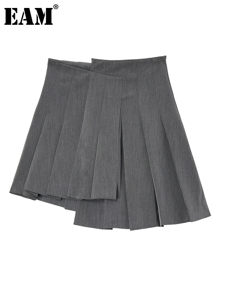 

[EAM] High Waist Gray Irregular Hem Pleated Casual Mini Half-body Skirt Women Fashion Tide New Spring Summer 2022 1DE8527