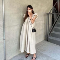 women fashion dress solid color korean chic french retro square neck pleated high waist flying sleeve long dress summer 2022
