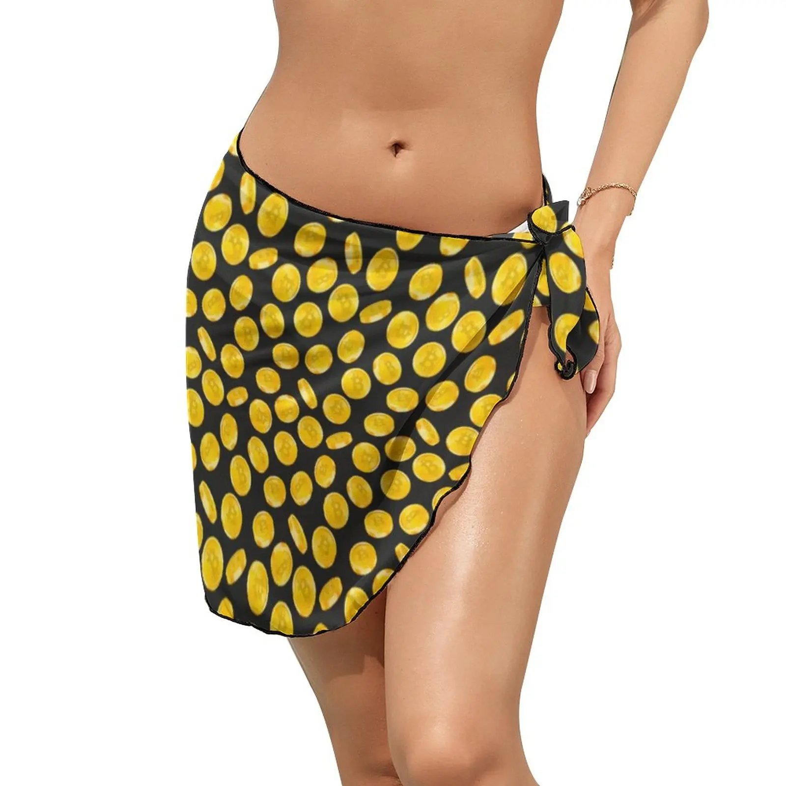 

Желтая Пляжная накидка бикини с принтом биткоинов, шифоновая накидка, шарф-накидка, модная пляжная одежда большого размера