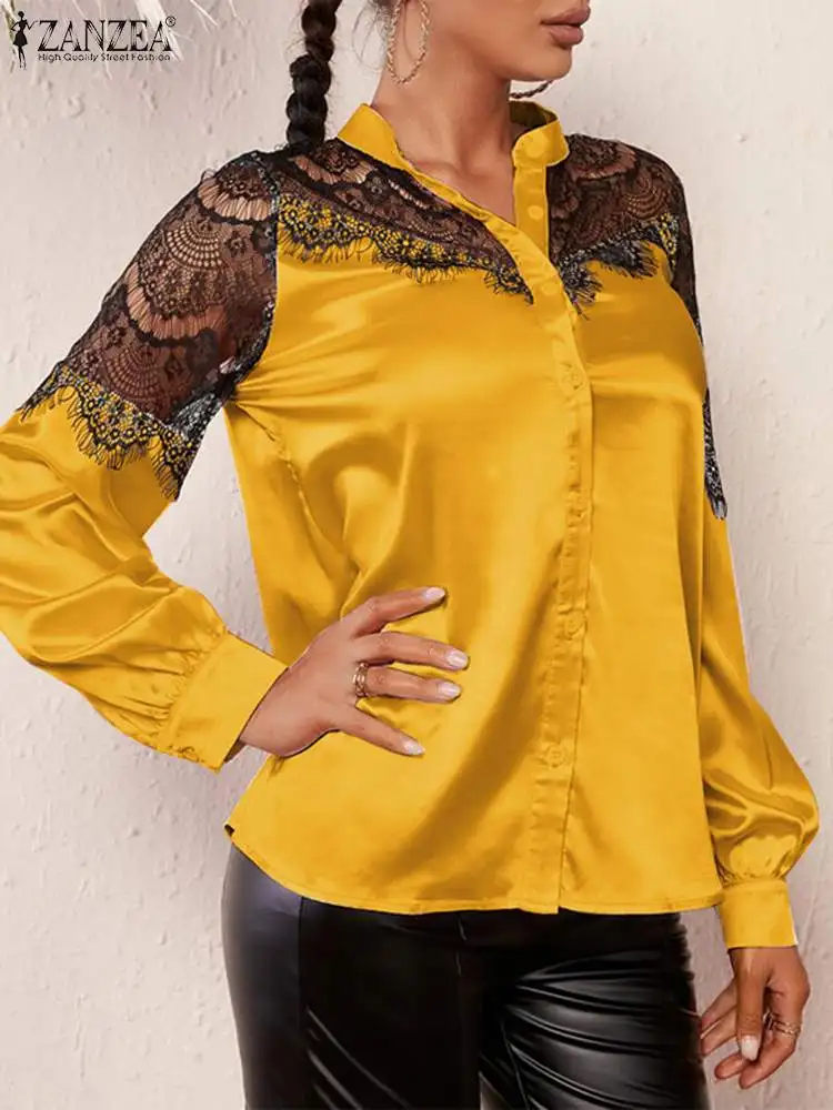 

Элегантная атласная шелковая рубашка ZANZEA, блузка большого размера с воротником-стойкой, Сексуальная кружевная рубашка с вставками, женские модные Ажурные топы с пышными рукавами