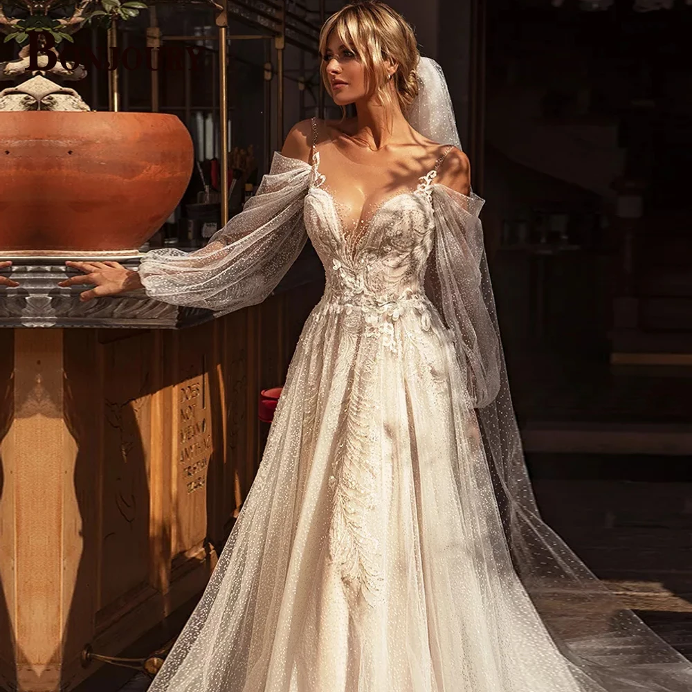 

BONJOURY Luxurious Wedding Dresses For Women 2023 Bride SCOOP Tulle Puffy-Sleeve Lace Appliques Customised Vestido De Novia