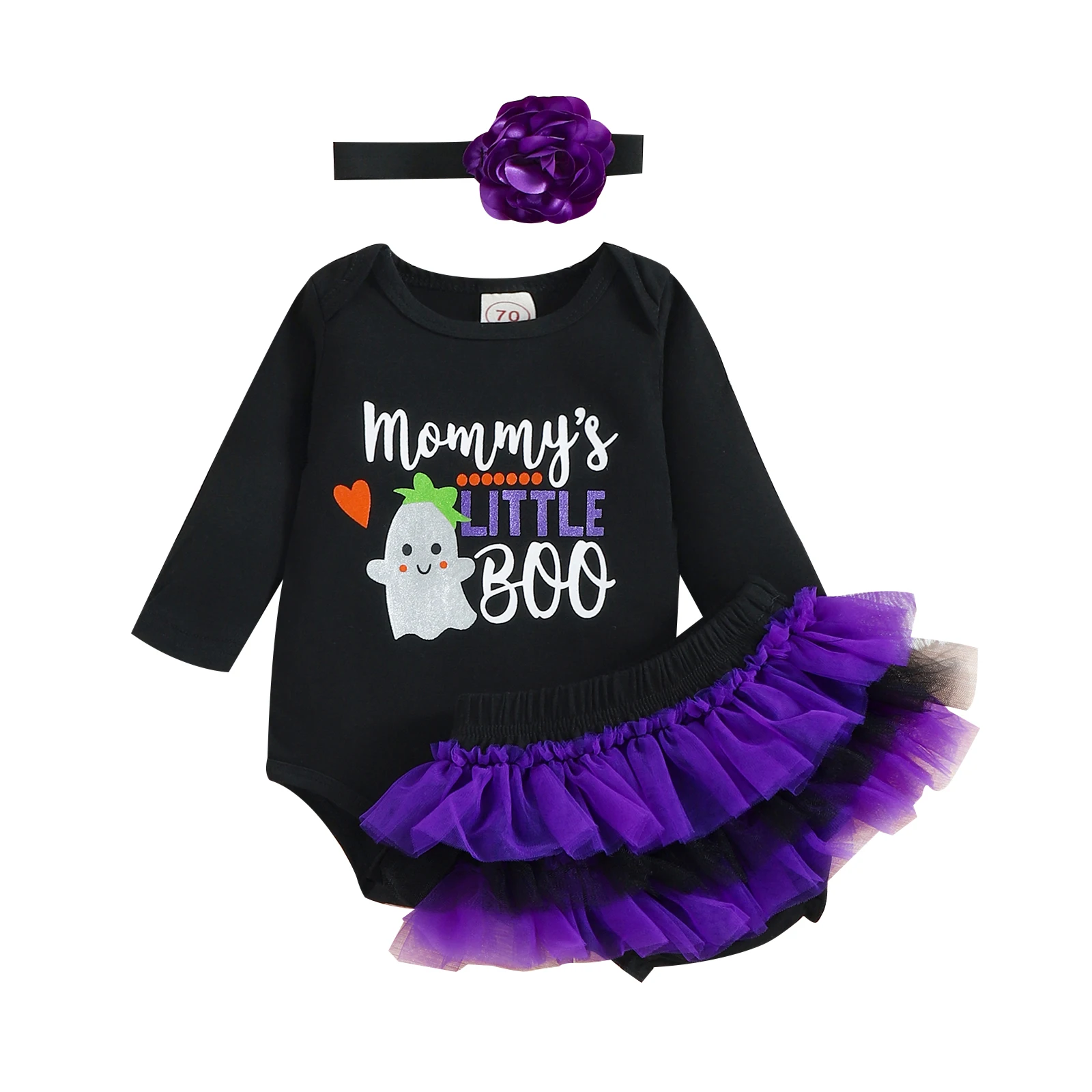

Toddler Baby's Clothes Girl's Halloween Romper Set Long Sleeve Letter Ghost Printed Kids Romper Layer Tulle Skirt Headband
