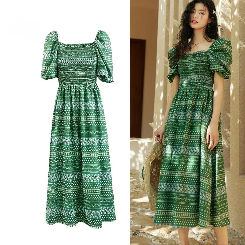 

Women Floral Dress Summer Fashion France Chic Puff Short Sleeve A Line Midi Long Casual Vestidos Lady Girl Streetwear Elbise Za