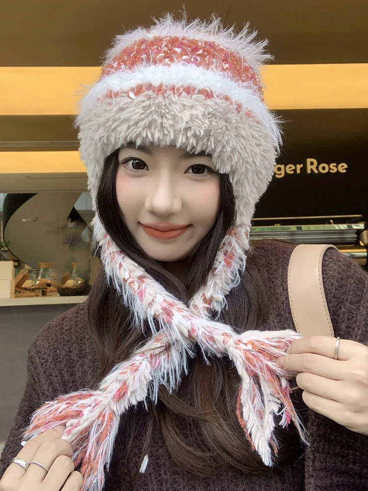 Осенне-зимняя полосатая лоскутная вязаная шерстяная шапка женская толстая