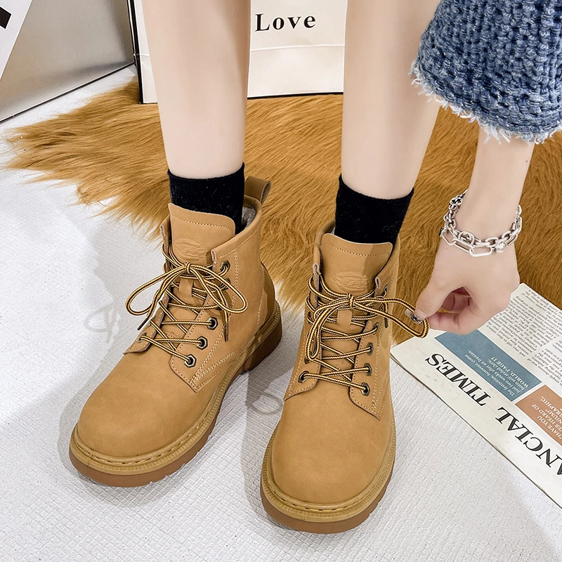 

Новинка Осень-зима 2022, модные Универсальные однотонные женские короткие сапоги на шнуровке, на среднем каблуке, Нескользящие сапоги для женщин