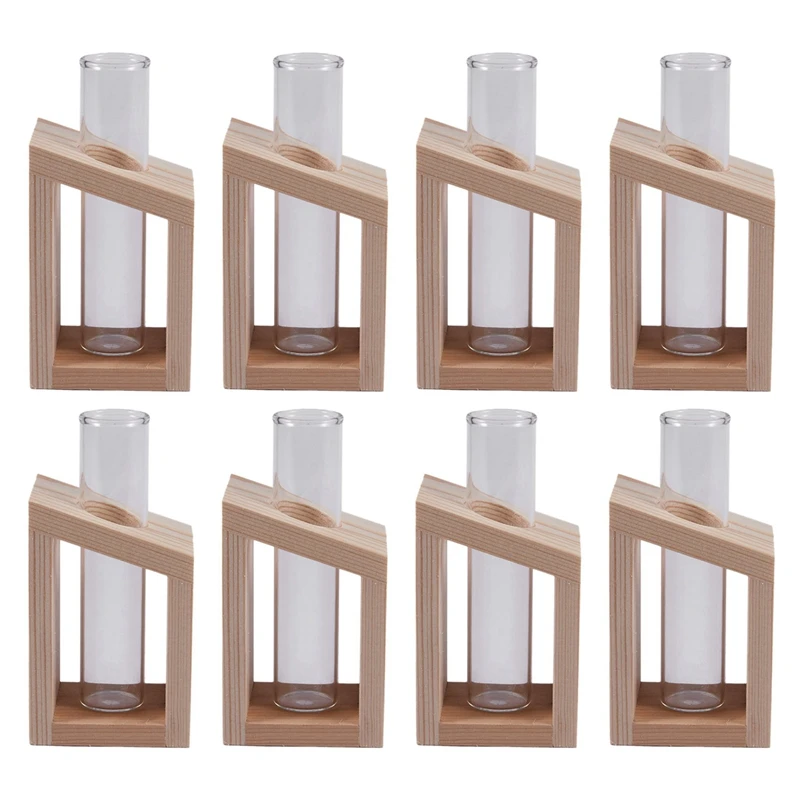 Practical 8X Crystal Glass Test Tube Vase In Wooden Stand Flower Pots For Hydroponic Plants Home Garden Decoration