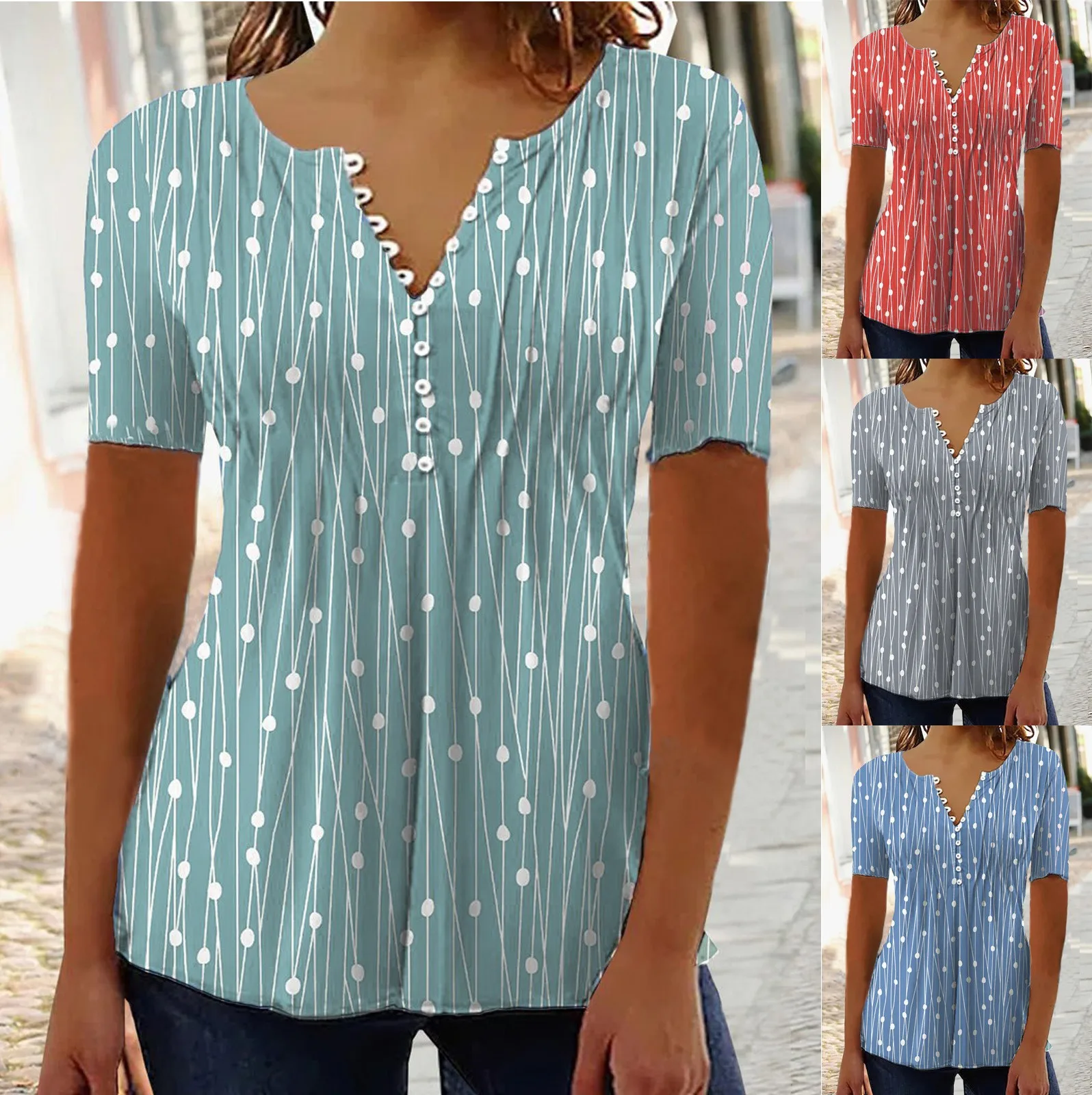 

Other T-Shirts V-Neck Blouse Casual Women Short Sleeve Pullover Summer Polyester None Geometric