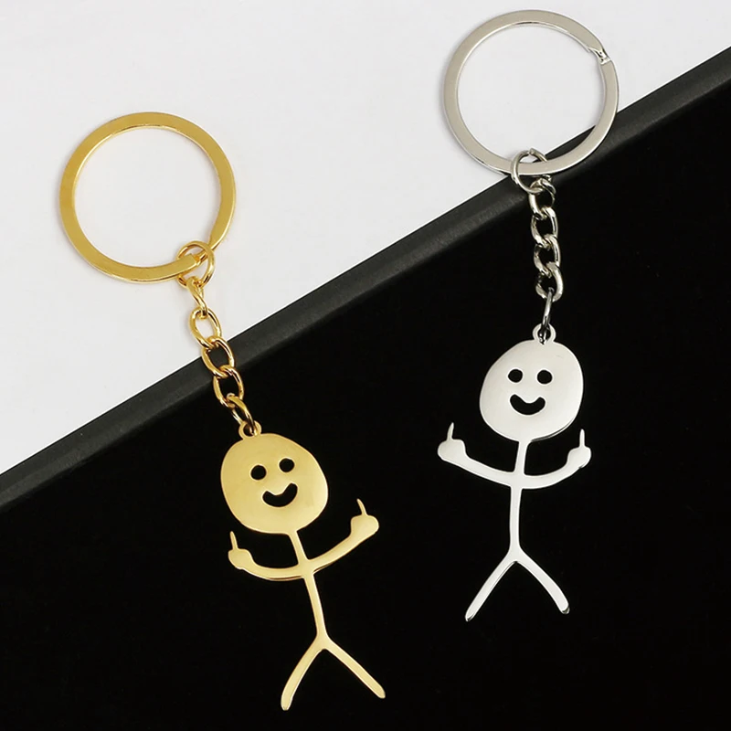 

Funny Middle Finger Stickman Keychain Cute Trend Titanium Steel School Bag Car Key Pendant Couple New Trinket Gift Keyrings