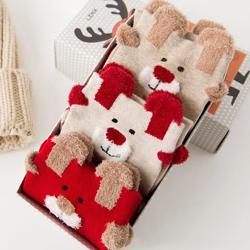 Christmas Stocking 3 Pairs Gift Box of Autumn/winter Thickened Cartoon Santa Stockings Snowman Socks Women's Stockings YK2