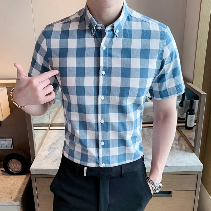 

Plus Size 4XL-M Summer 100% Cotton Short Sleeve Plaid Shirt Men Clothing 2022 Simple Slim Fit Casual Chemise Homme Streetwear