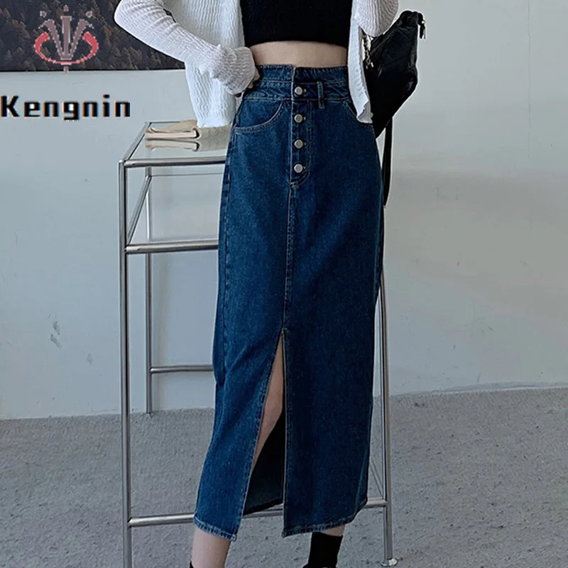 

Denim Women's Skirts for 2023 Spring Summer Office Lady Work Skirt Loose Design A-Line Female Button Bottom Opened Skirt KE3217