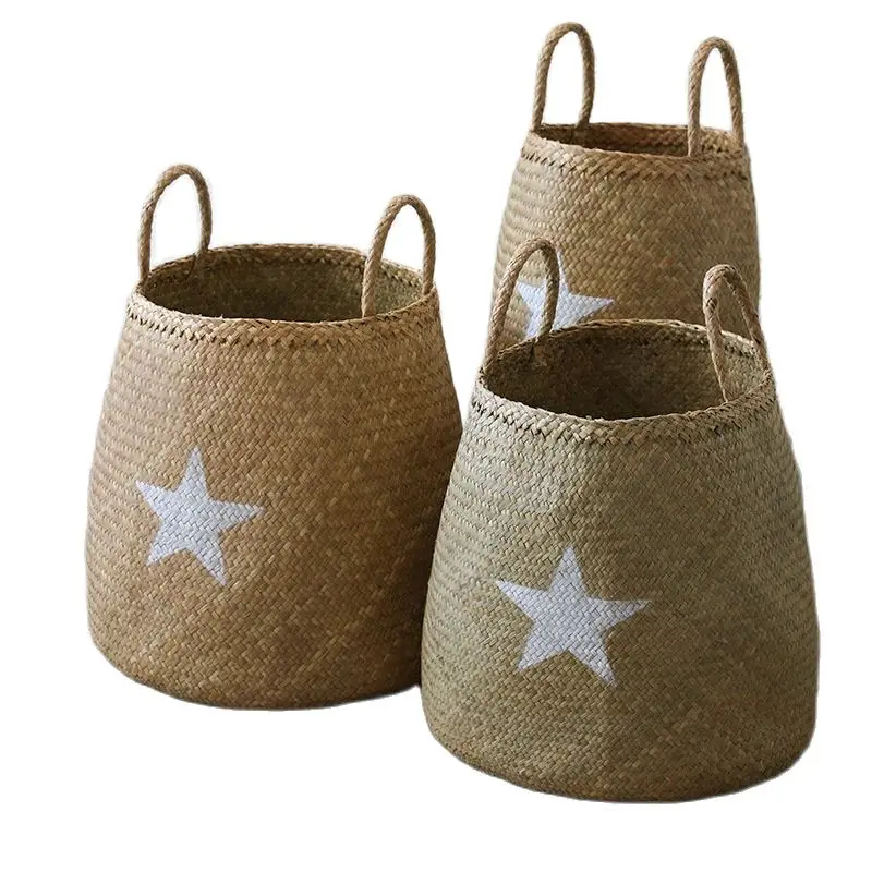 

CAMIGEL Grass Woven Dirty Clothes Basket, Bucket, Portable Toy Storage Basket