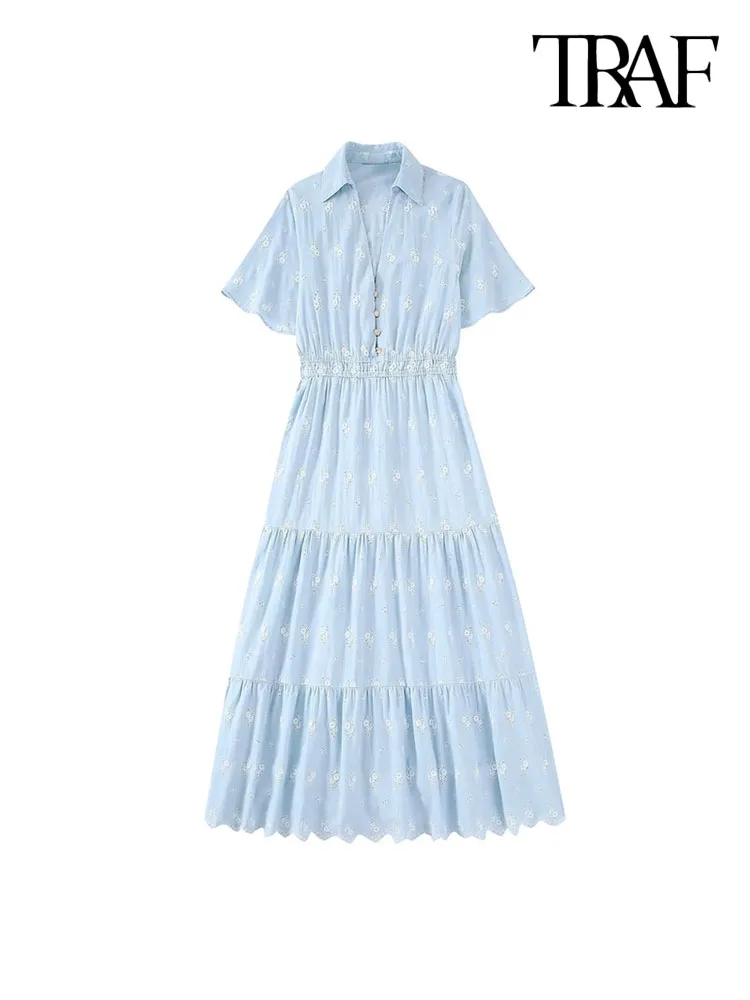 

Платье-миди женское с вышивкой, коротким рукавом и поясом на резинке