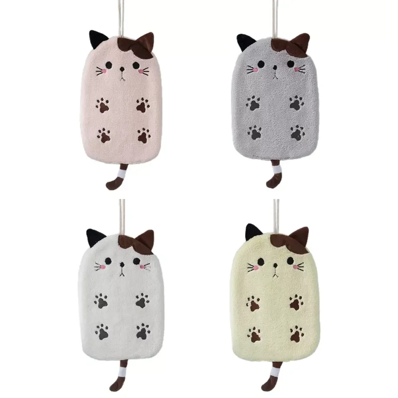 

Soft Cute Cartoon Coral Fleece Hanging Hand Towels with Cat Embroidery Design for Kitchen /Bathroom/Bedroom wholesales