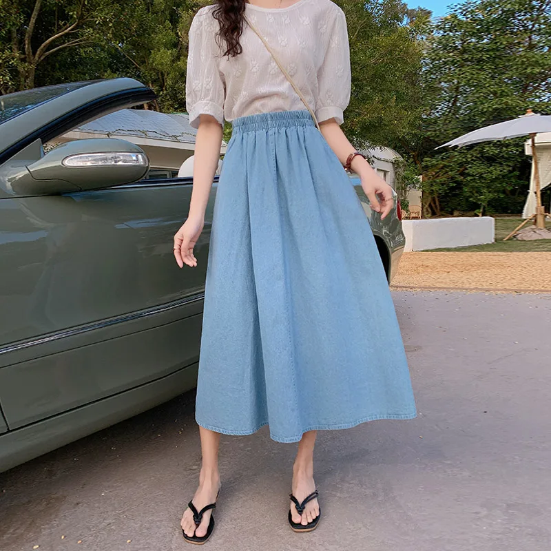 

Летняя элегантная эластичная юбка с высокой талией, женские трапециевидные юбки, уличная одежда, Классическая винтажная джинсовая юбка средней длины в Корейском стиле