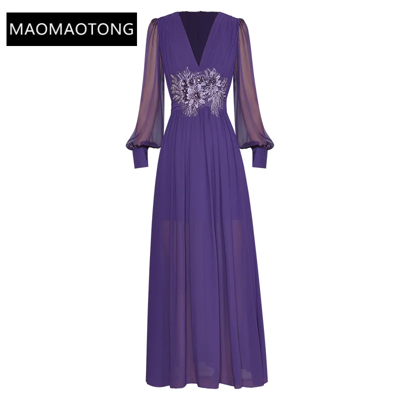 

Dresses For Women 2022 Elegant High Quality Autumn V-Neck Lantern Sleeve Beading Embroidery Appliques Elegant Party Long Dress