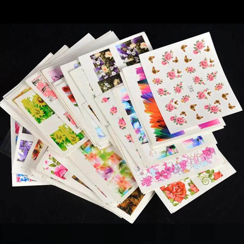 

54pcs/set Different Nail Stickers Set Blooming Flowers Mixed DIY Nail Art Transfer Decals Watermark UV Gel Polish Decorations