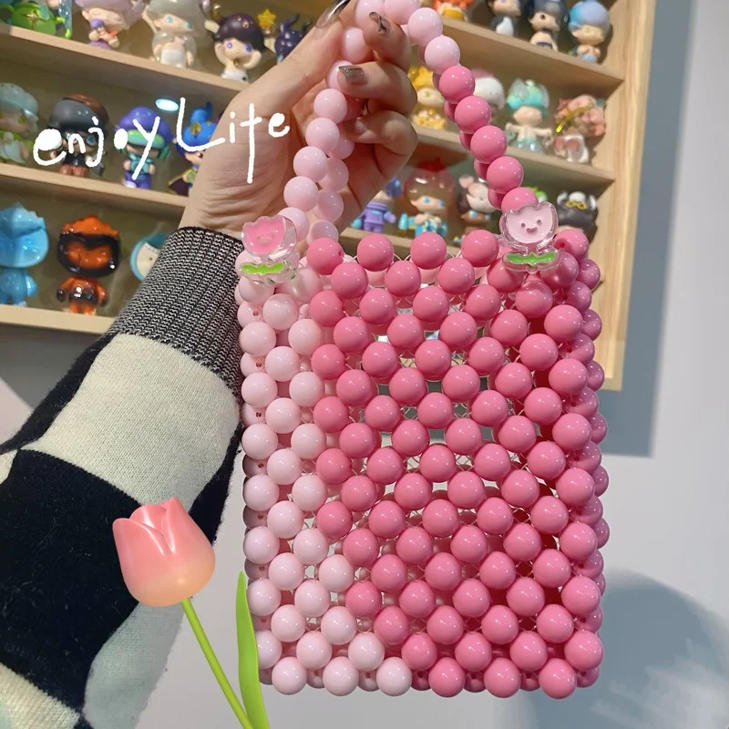 

2022Hand-woven Women's Bag Summer Handmade Diy Beaded Gift Handbag Contrast Color Fashion Design Hollow Purse Luxury Bags Women