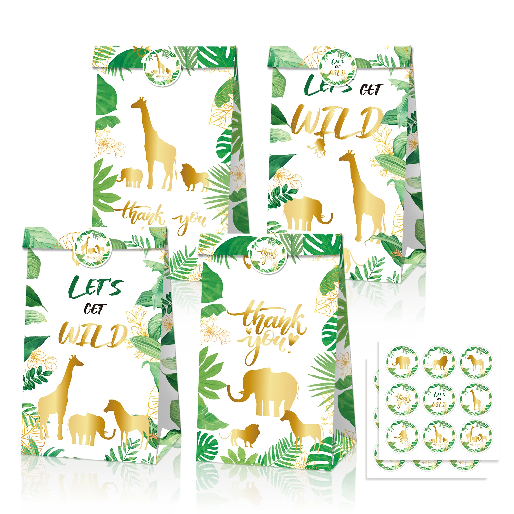 

LB176 12Pcs Boy Wild ONE Jungle First Birthday Party Candy Packing Kraft Paper Gift Bags with Stickers Baby Shower Party Decors