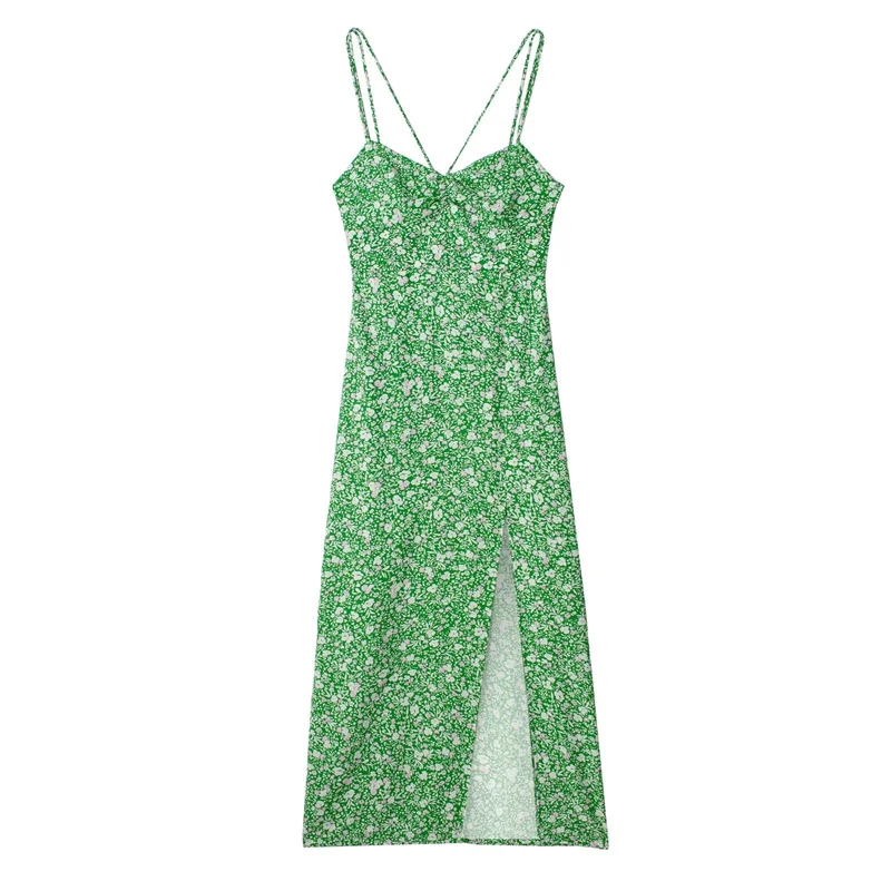 

Woman Vintage Green Slim Floral Long Dress 2023 Summer Female Chic Elastic Backless Print Dresses Ladies Irregular Beach Dress