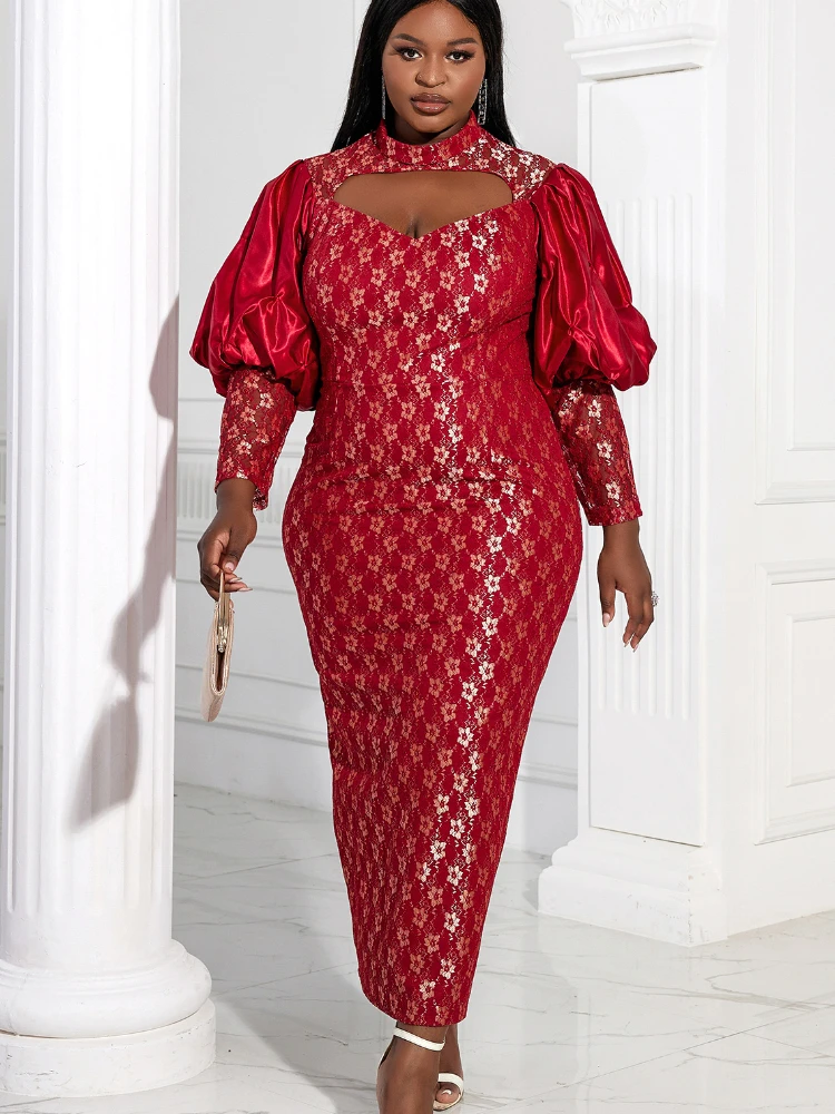 Plus Size Long Sleeves Dresses Women Bodycon Party Gold Lace Robes Patchwork Elegant Chest Cut OutEvent Birthday Wedding Guest