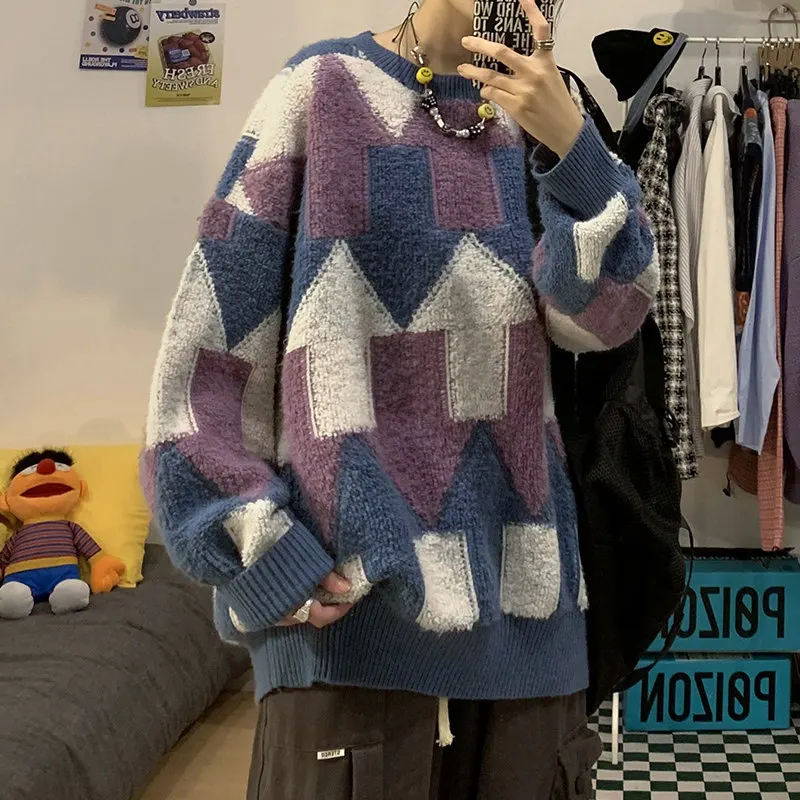 Японский модный рождественский свитер контрастного цвета в стиле ретро мужской