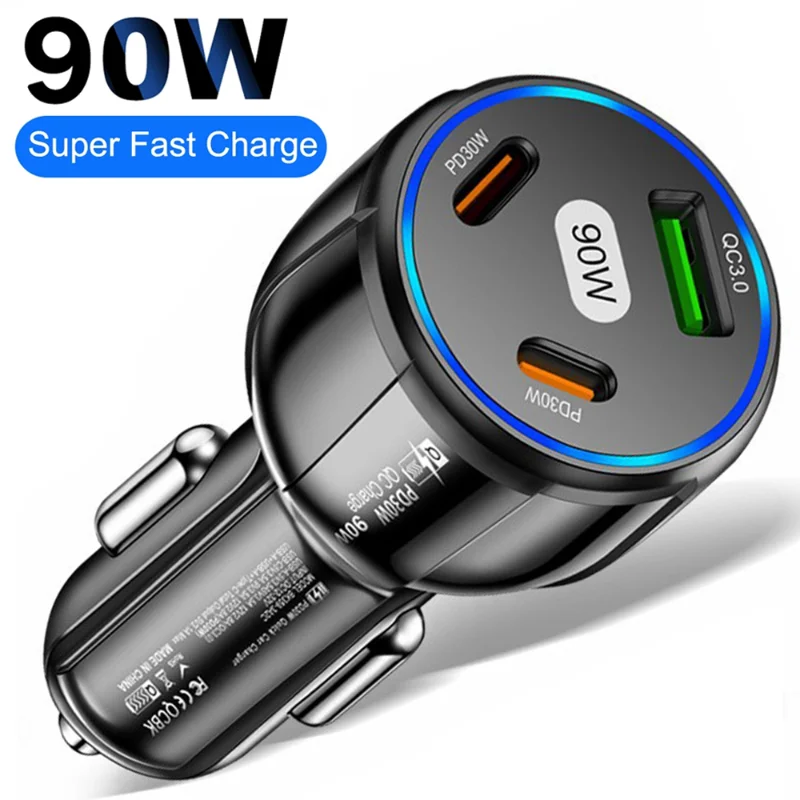 

90W Car Charger 3-in-1 QC3.0 PD Type C Fast Charging Cigarette Lighter Adapter for IPhone 14 Xiaomi Samsung Quick Chargers
