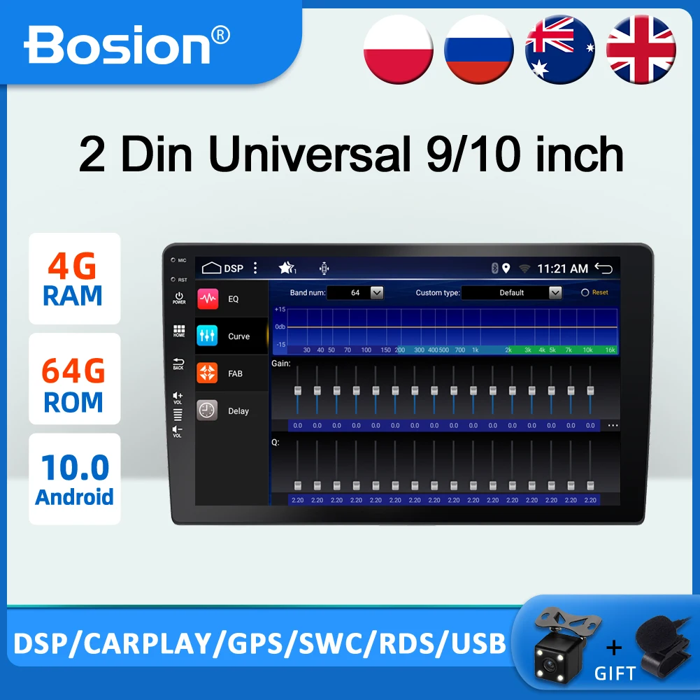

Bosion 2 din Android 10.0 IPS DSP Carplay Car Radio Stereo GPS Navi Audio Video Player Wifi BT AHD AMP 7803 OBD DAB+ SWC 4G+64G