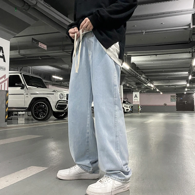 

Men Jeans Solid Drawstring Denim Full Length Straight Loose Males All-match Trendy Punk Baggy Retro Leisure Chic Cowboy Trousers