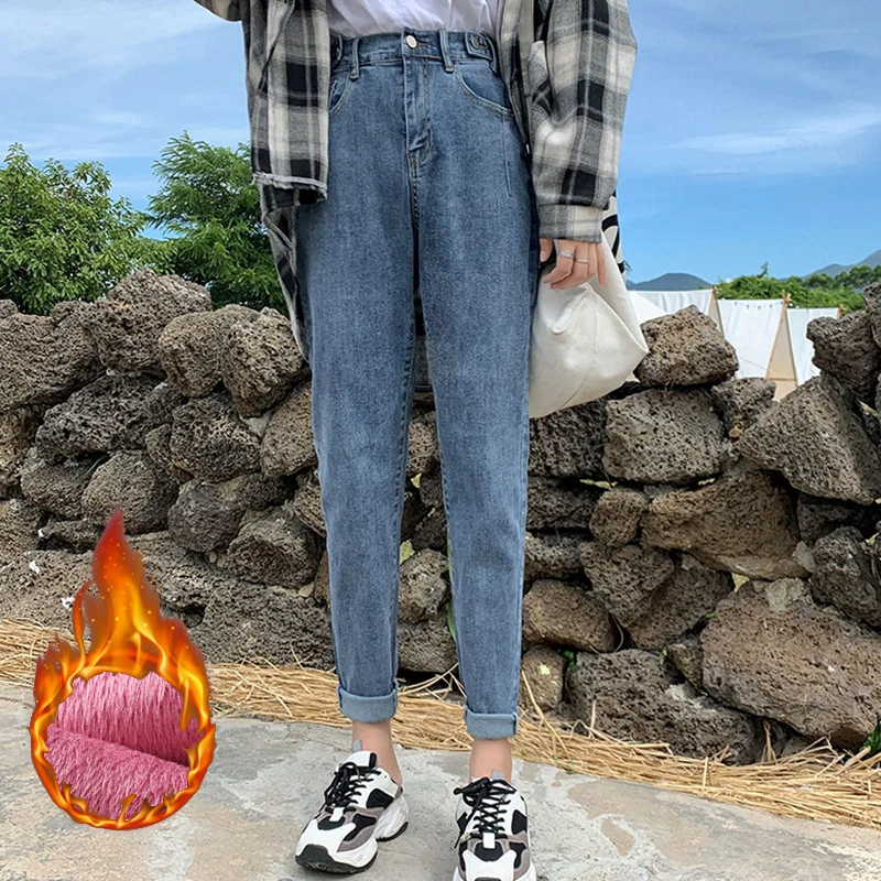 

Women Velvet Thick Warm Plush Winter Snow Streetwear Straight Pants Thermal Jeans High Waist Stretch Jeans Plus Size Trousers