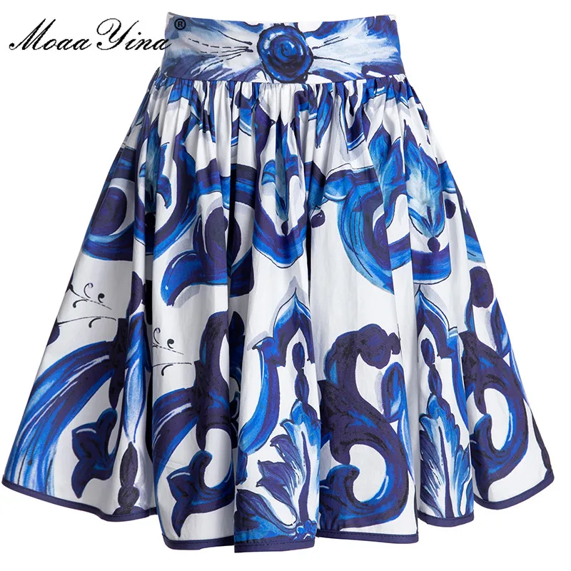 MoaaYina Fashion Designer Summer Cotton Skirts Women's High waist Blue and White Porcelain Printing A-line Short Skirts