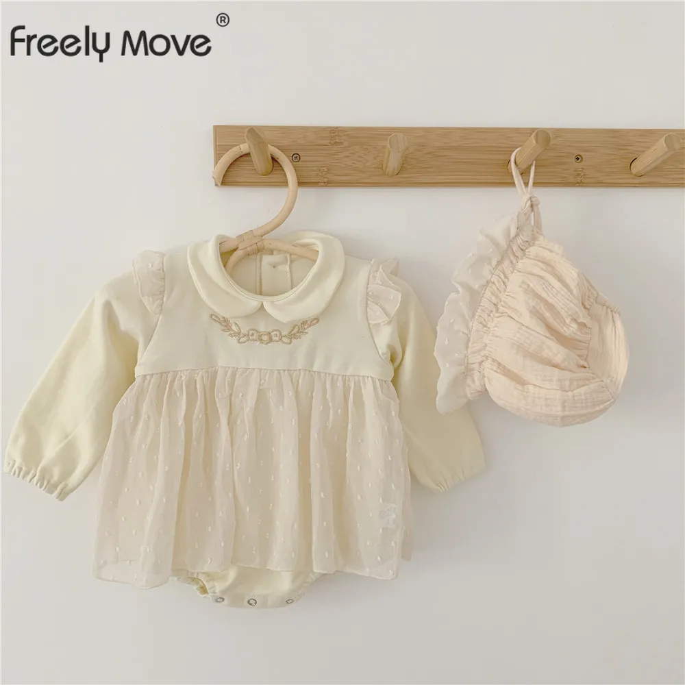 

Freely Move Cute Newborn Baby Girl Long Sleeves Lace Embroidery Romper Jumpsuit Mesh Patchwork Dress Outfits Clothes