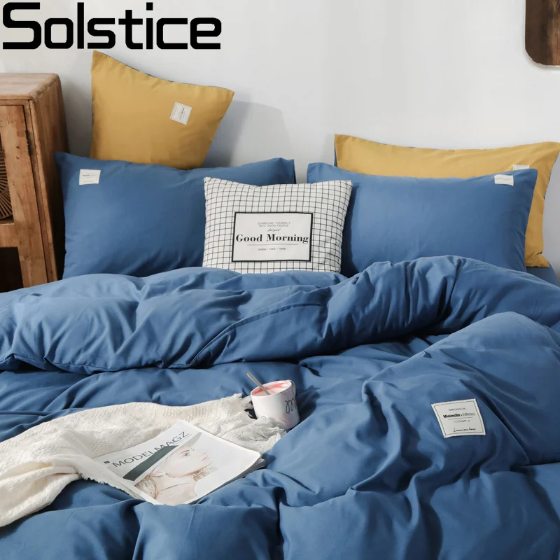 

Solstice Home Textile Solid Color Dark Blue Bedding Set Woman Teenage Adult Girl Linen Duvet Cover Pillowcase Bed Flat Bed Sheet