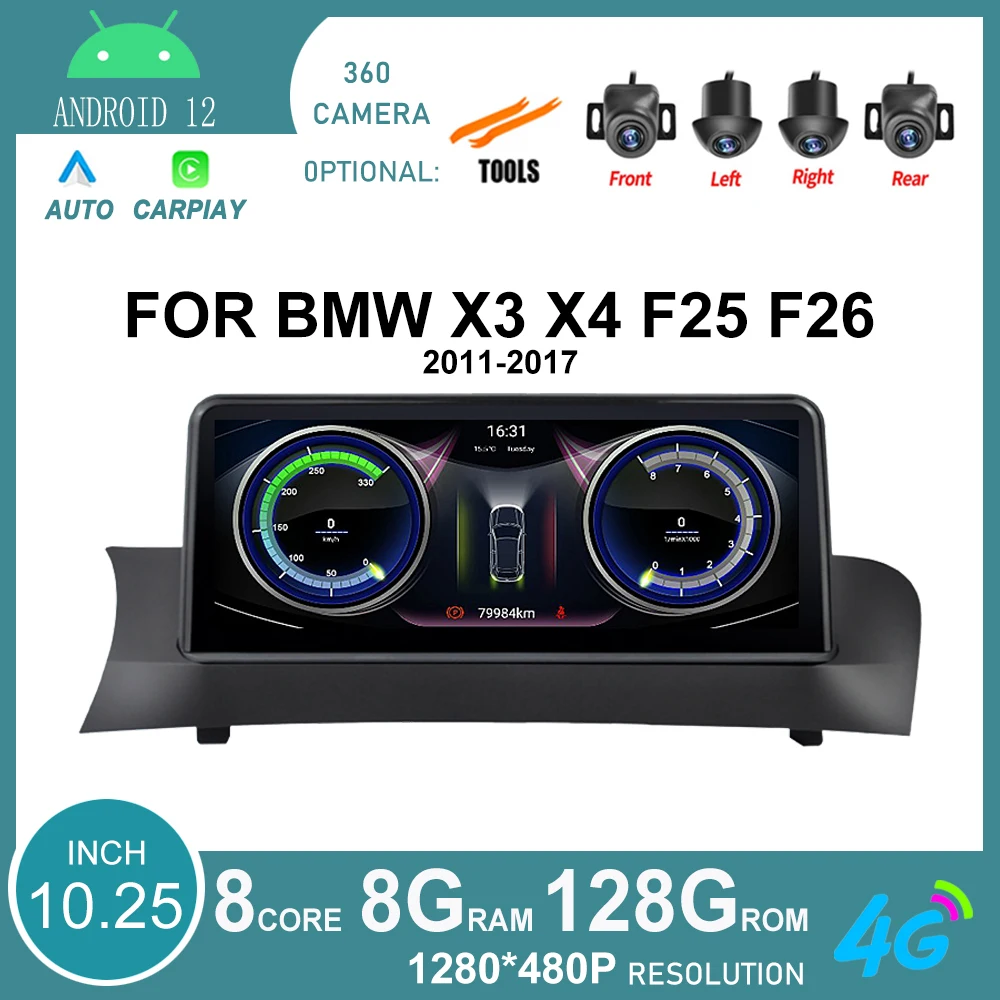 

10,25 "Android 12 оснащен для BMW X3 X4 F25 F26 CIC System плотник (2011-2017) 10,25 дюймов 1280 дюймов 480 IPS экран