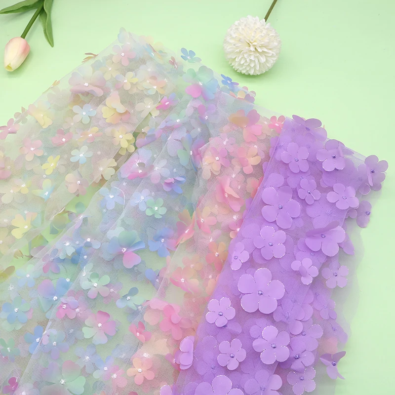 1Yard 3D Flower Rainbow Mesh Fabric Width 130cm Colorful Organza DIY Craft Tutu Skirt Gift Home Wedding Party Decoration Fabric