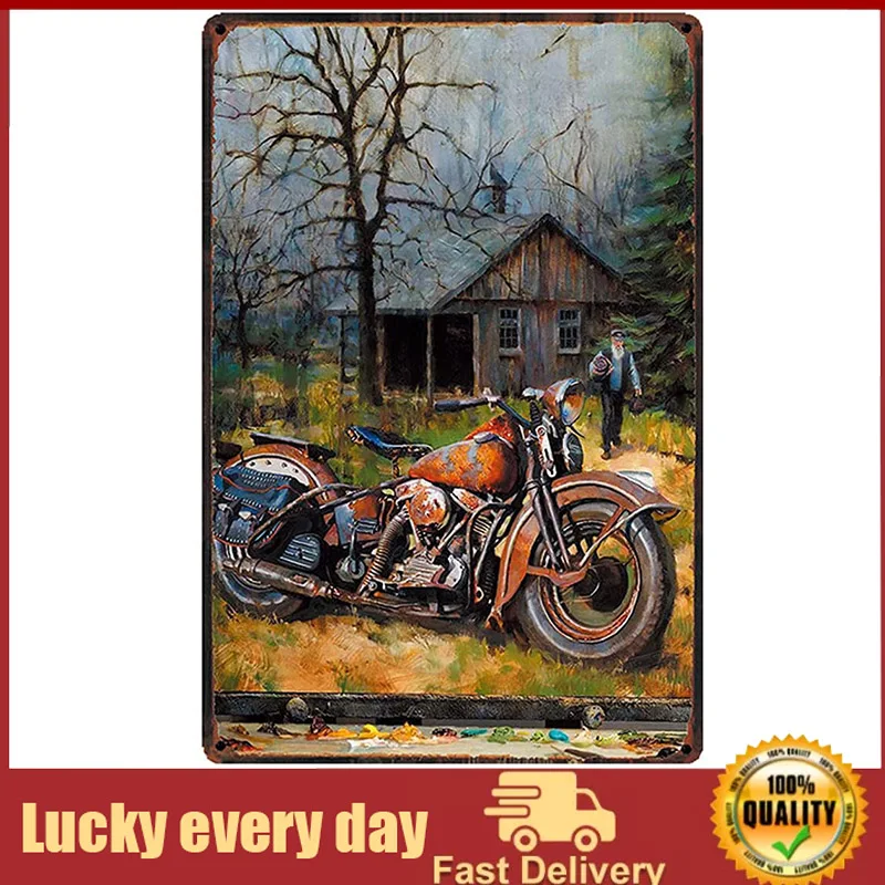 

Retro Design Old Man Old Motorcycle And Old House Tin Metal Signs Wall Art | Thick Tinplate Print Poster Wall Decoration