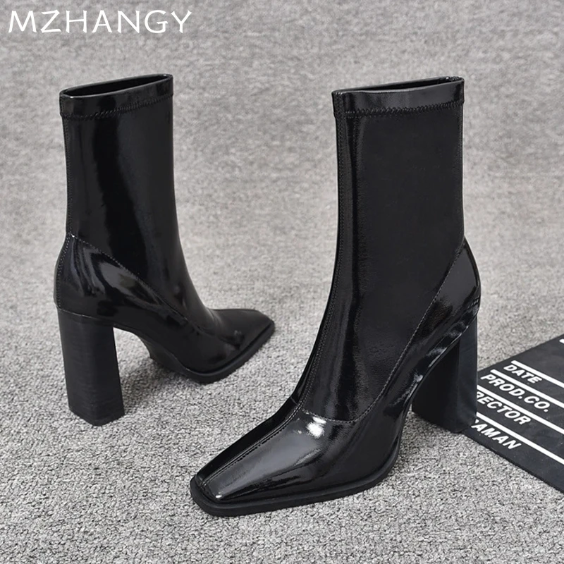 Кожаные женские ботильоны пикантные элегантные туфли на высоком каблуке