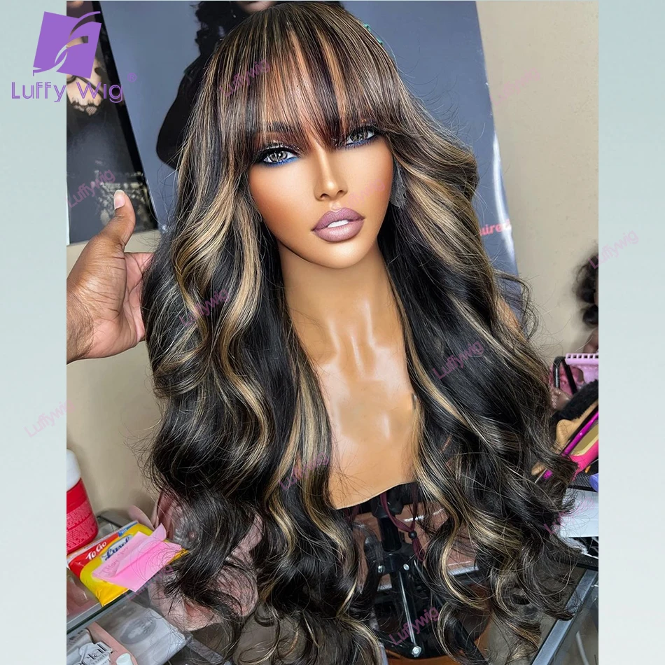 Highlight Wig Human Hair With Bangs Wavy Brazilian Remy Machine O Scalp Top Bang Wig 200 Density Glueless For Black Women LUFFY