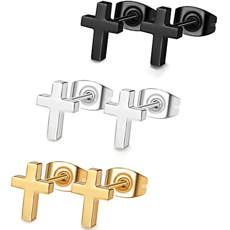 

3 Pairs Earrings Set Cross Small Stud Earrings For Womens And Mens Stainless Steel Black Steel Gold 3 Colors
