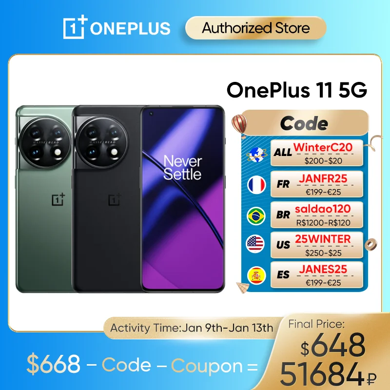  2023 New OnePlus 11 5G Smartphone Snapdragon 8 Gen 2 6.7Inch 120Hz AMOLED Display 100W SUPERVOOC Charge 5000mAh Battery NFC 
