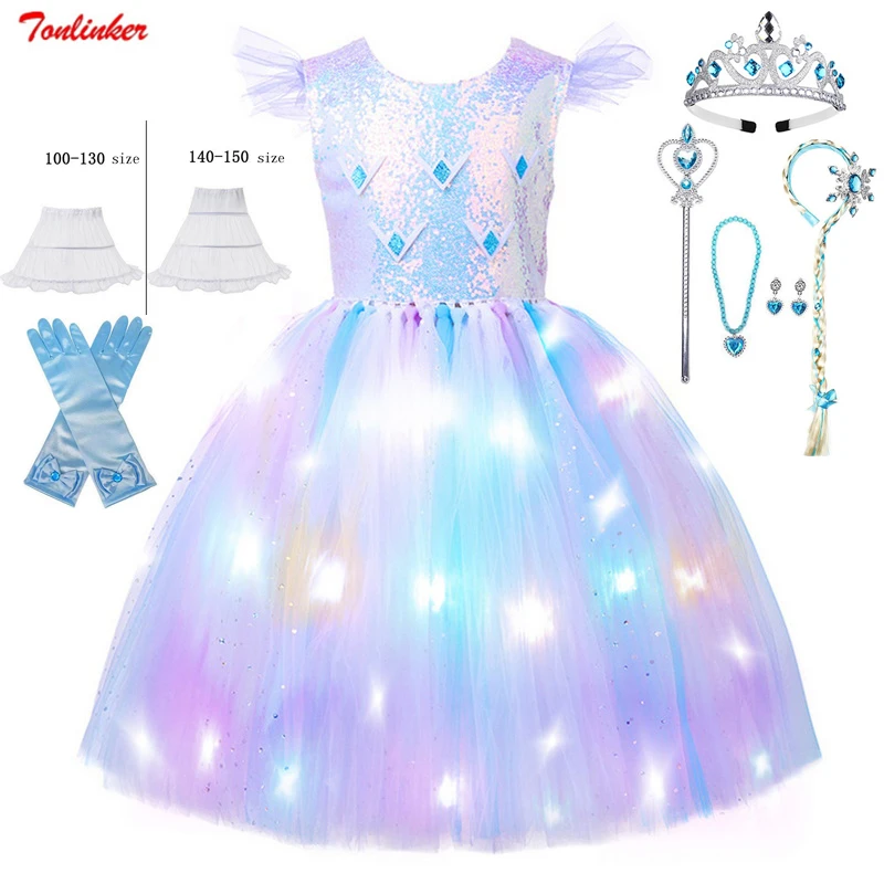 

Girls World Book Day Glowing Elsa Costume Kids Birthday Party Sequin Rainbow LED Lights Princess Dresses Christmas Gifts