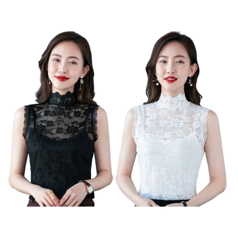 

Women Peony Flower Lace Detachable Collar Solid Color Mock Neck Half Shirt Blouse Scalloped Trim Slim Dickey Tank Top T8NB