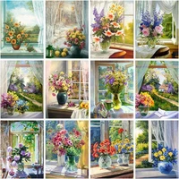 chenistory acrylic painting window flowers drawing on canvas handpainted art gift diy picture by number kits home decoration